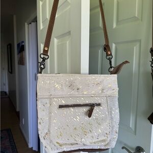 Myra Bag Leather/Cowhide White and Gold Flecks Large Crossbody Bag NWOT